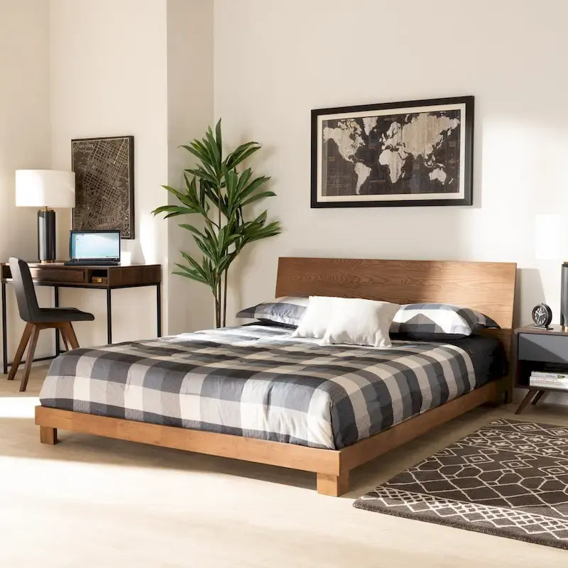Lit plateforme en bois fini noyer marron, style moderne et contemporain