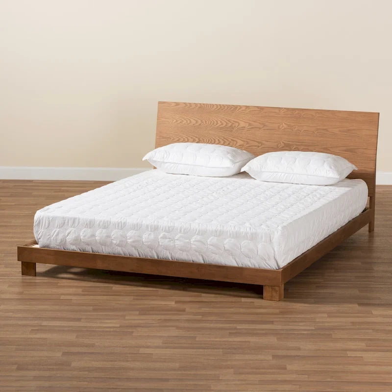 Lit plateforme en bois fini noyer marron, style moderne et contemporain