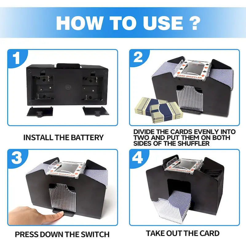 Mélangeur de cartes automatique 4 jeux de casino, mélangeur électrique alimenté par courant alternatif/batterie pour jeux de cartes - Noir