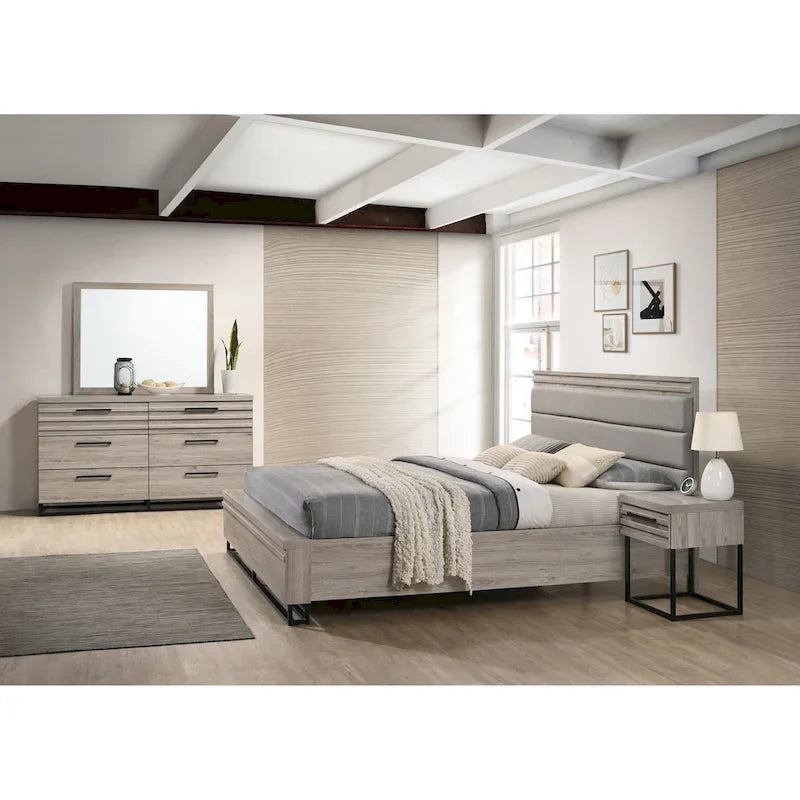 Lit avec tête de lit capitonnée en bois, commode, miroir et 2 tables de chevet, gris patiné