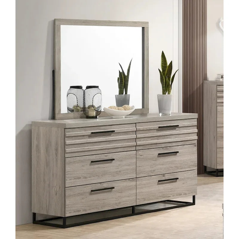 Lit avec tête de lit capitonnée en bois, commode, miroir et 2 tables de chevet, gris patiné
