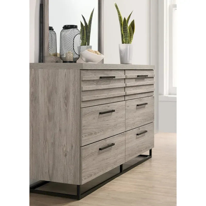Lit avec tête de lit capitonnée en bois, commode, miroir et 2 tables de chevet, gris patiné