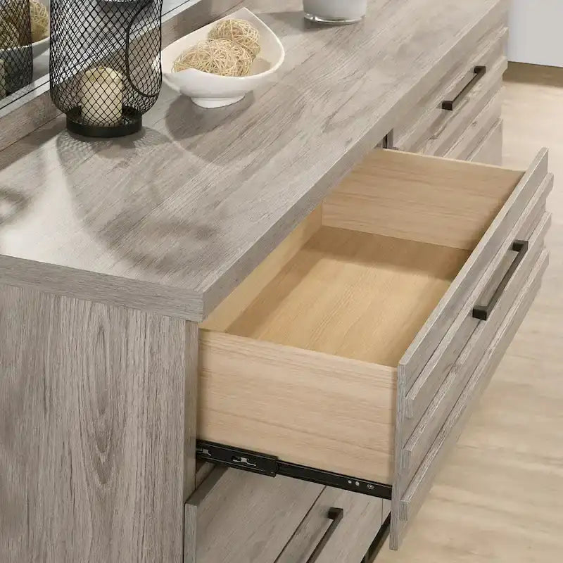 Lit avec tête de lit capitonnée en bois, commode, miroir et 2 tables de chevet, gris patiné
