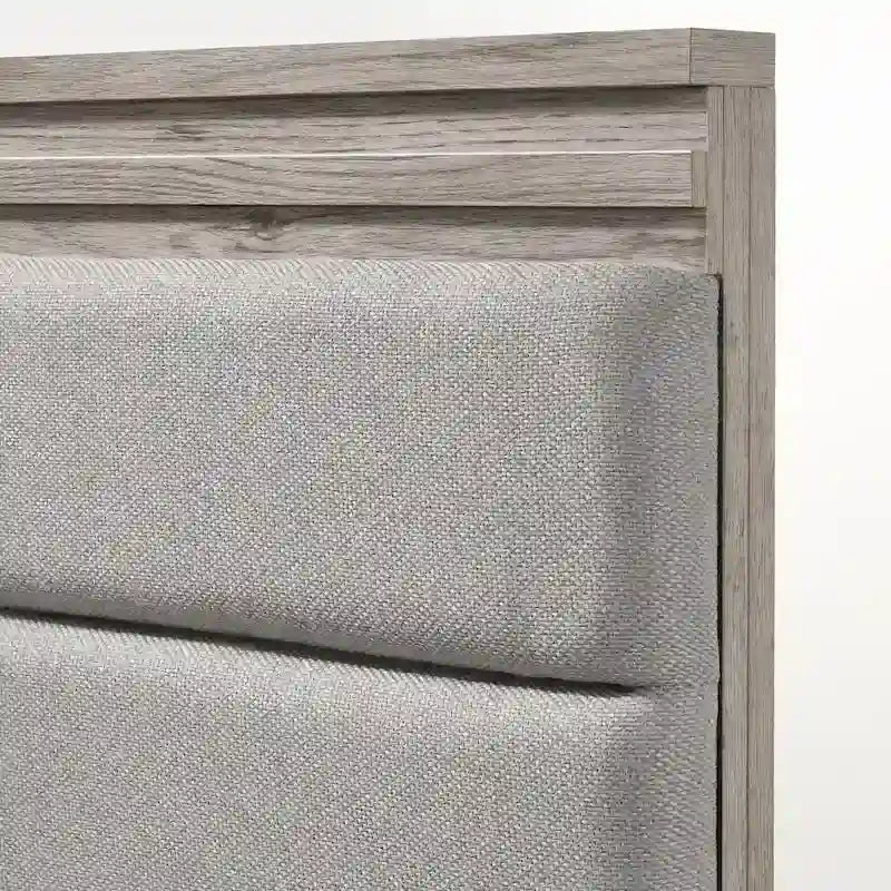 Lit avec tête de lit capitonnée en bois, commode, miroir et 2 tables de chevet, gris patiné