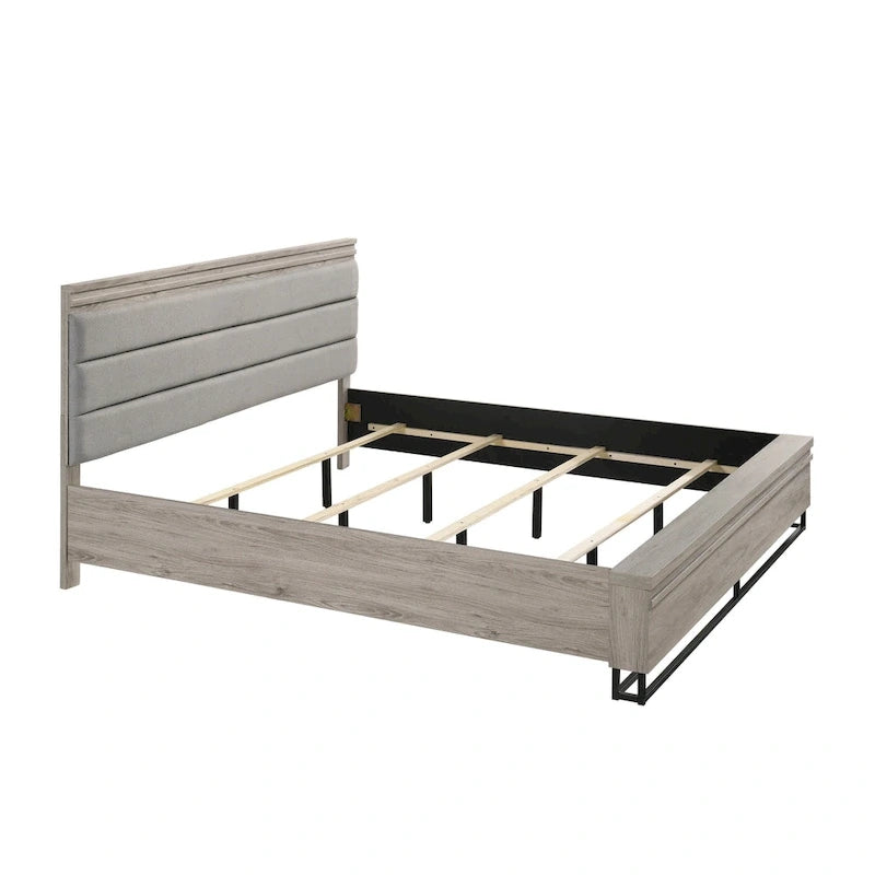 Lit avec tête de lit capitonnée en bois, commode, miroir et 2 tables de chevet, gris patiné