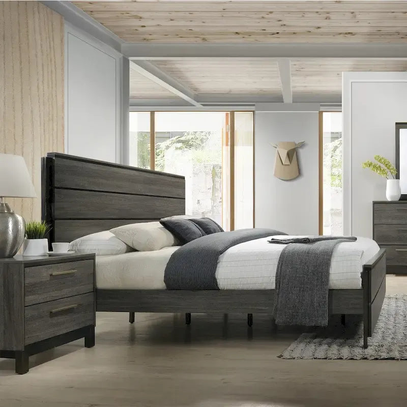 Ensemble de chambre à coucher 5 pièces king size en bois gris antique