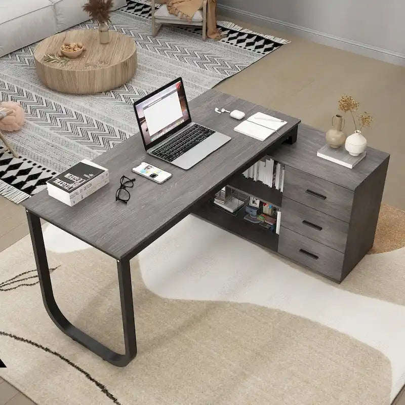 Bureau d'ordinateur d'angle en L de 55 pouces avec rangement