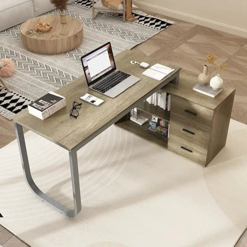 Bureau d'ordinateur d'angle en L de 55 pouces avec rangement