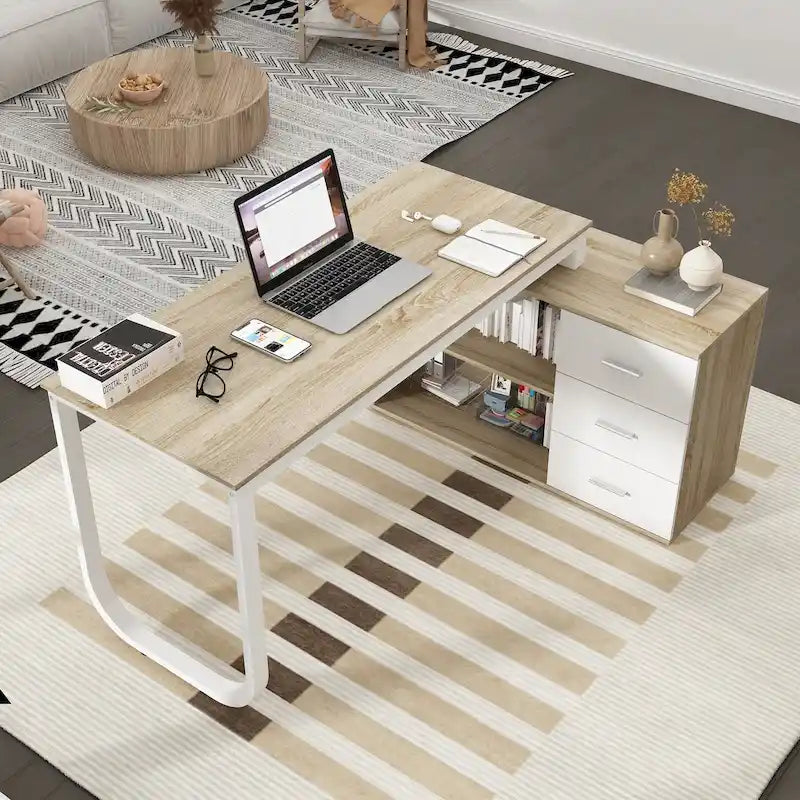 Bureau d'ordinateur d'angle en L de 55 pouces avec rangement