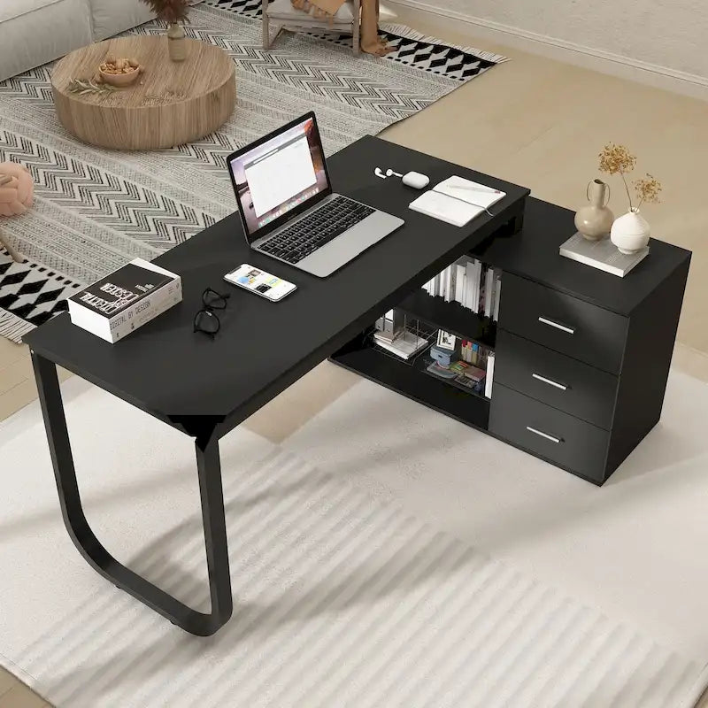 Bureau d'ordinateur d'angle en L de 55 pouces avec rangement