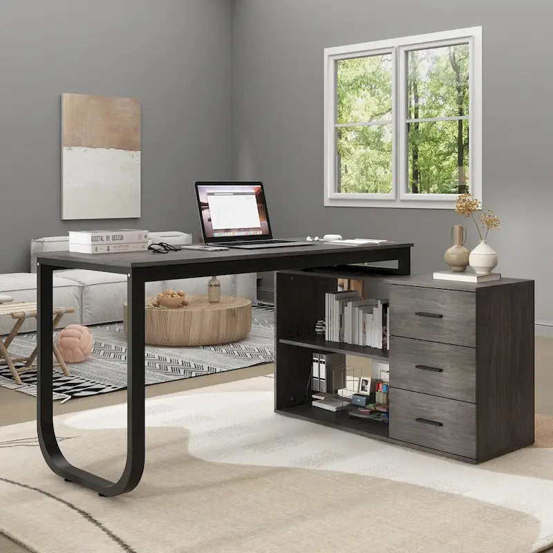 Bureau d'ordinateur d'angle en L de 55 pouces avec rangement