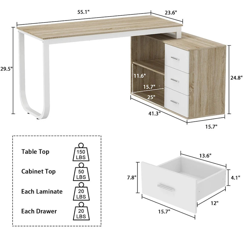 Bureau d'ordinateur d'angle en L de 55 pouces avec rangement