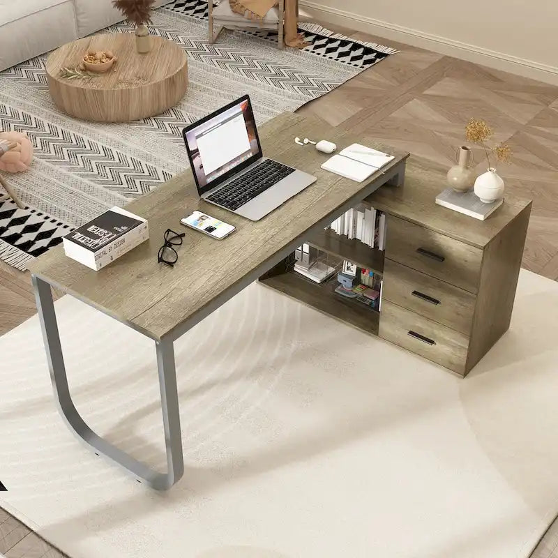 Bureau d'ordinateur d'angle en L de 55 pouces avec rangement