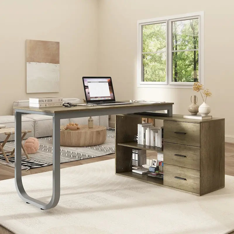 Bureau d'ordinateur d'angle en L de 55 pouces avec rangement