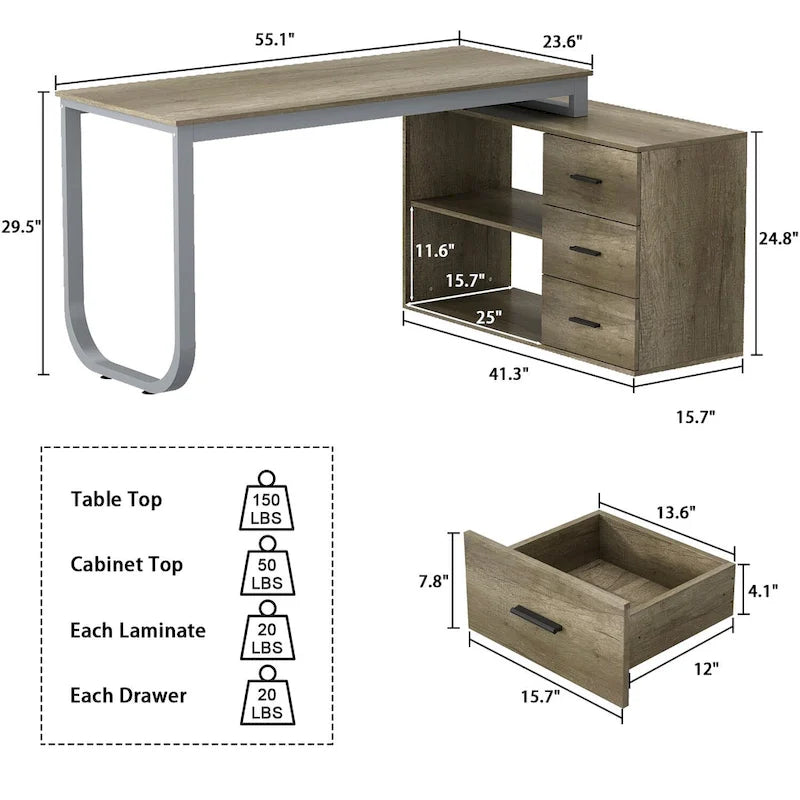 Bureau d'ordinateur d'angle en L de 55 pouces avec rangement