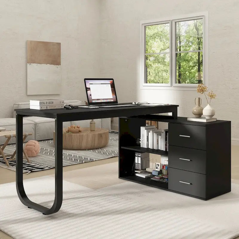 Bureau d'ordinateur d'angle en L de 55 pouces avec rangement