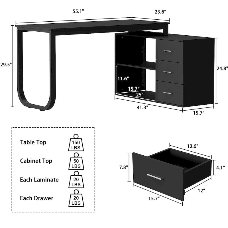 Bureau d'ordinateur d'angle en L de 55 pouces avec rangement