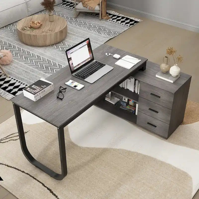 Bureau d'ordinateur d'angle en L de 55 pouces avec rangement