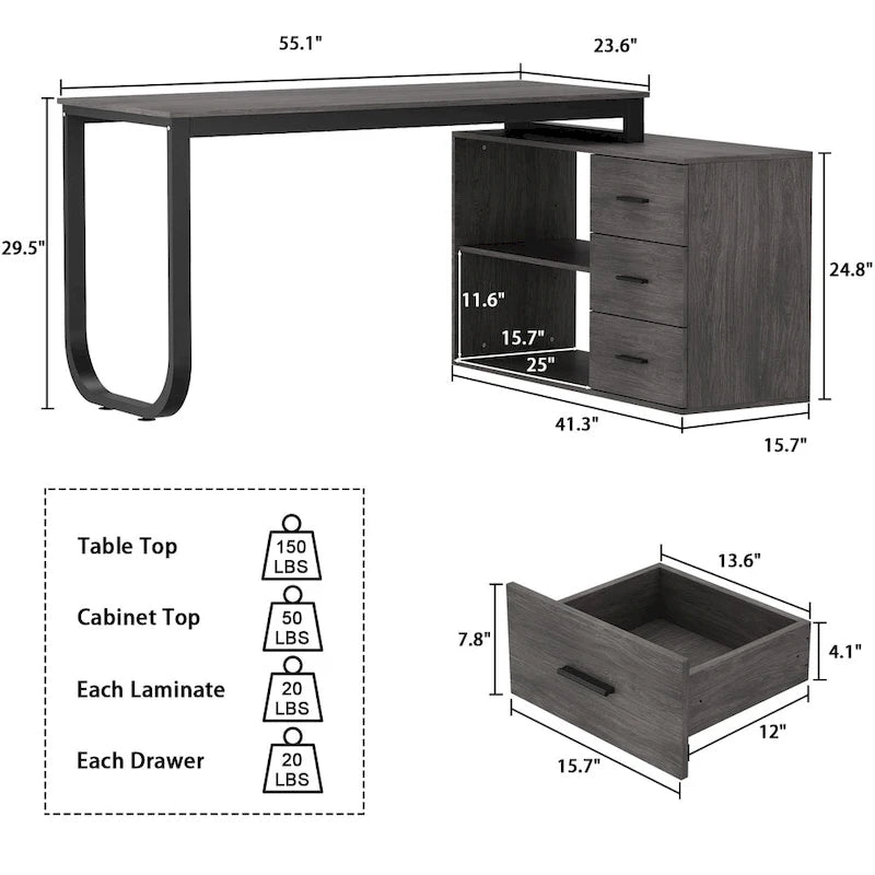 Bureau d'ordinateur d'angle en L de 55 pouces avec rangement