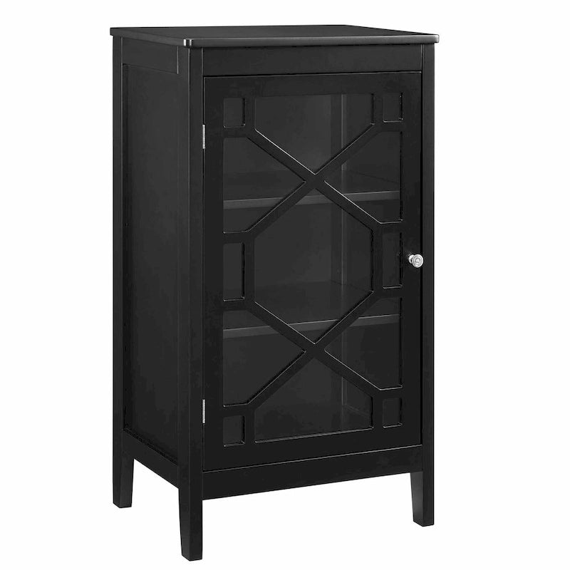 Petit meuble noir avec porte vitrée et deux étagères