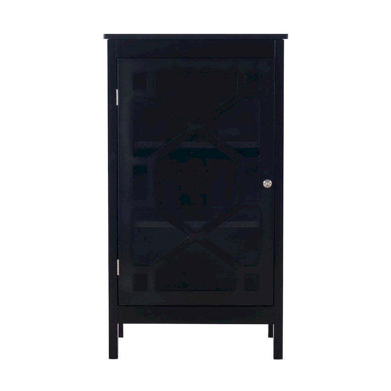 Petit meuble noir avec porte vitrée et deux étagères