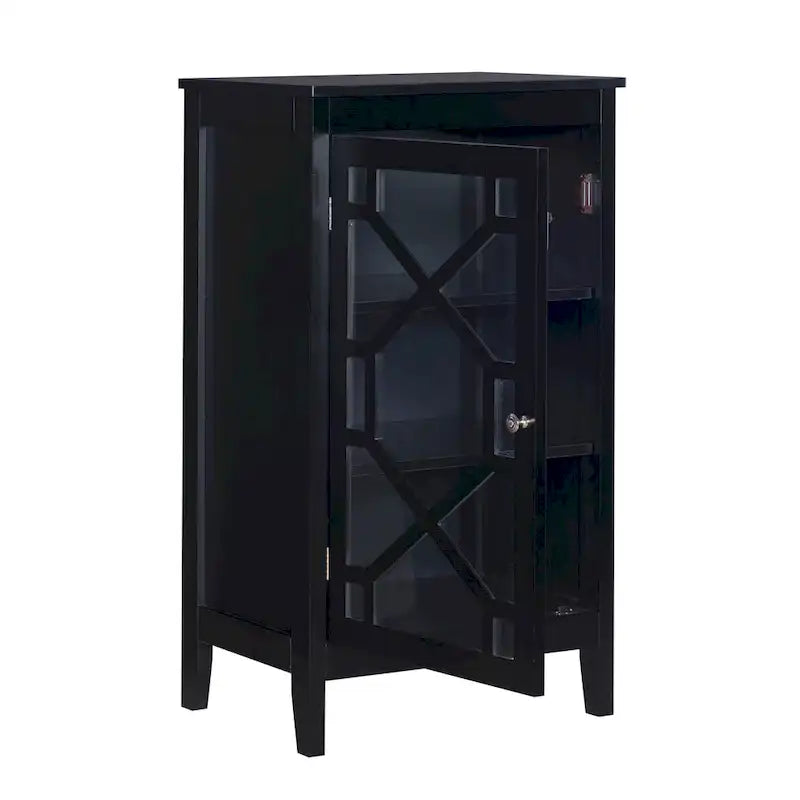 Petit meuble noir avec porte vitrée et deux étagères