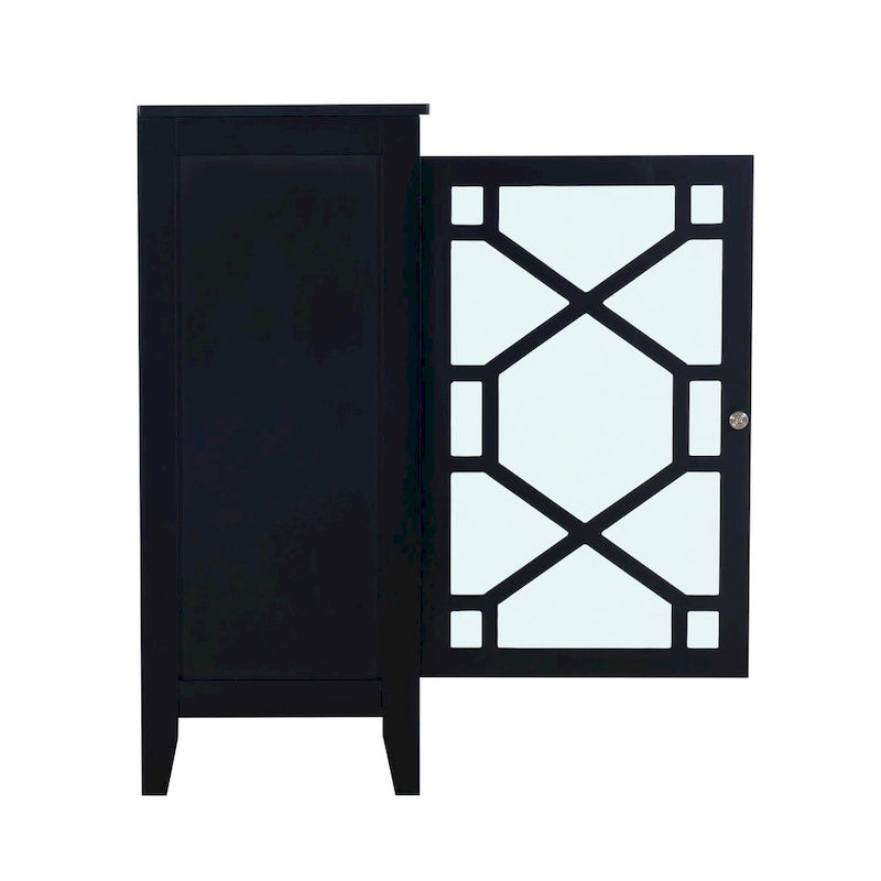 Petit meuble noir avec porte vitrée et deux étagères