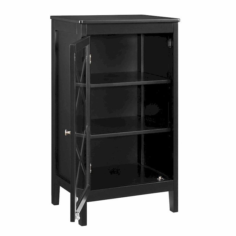 Petit meuble noir avec porte vitrée et deux étagères