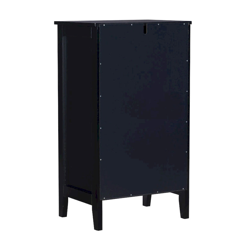 Petit meuble noir avec porte vitrée et deux étagères