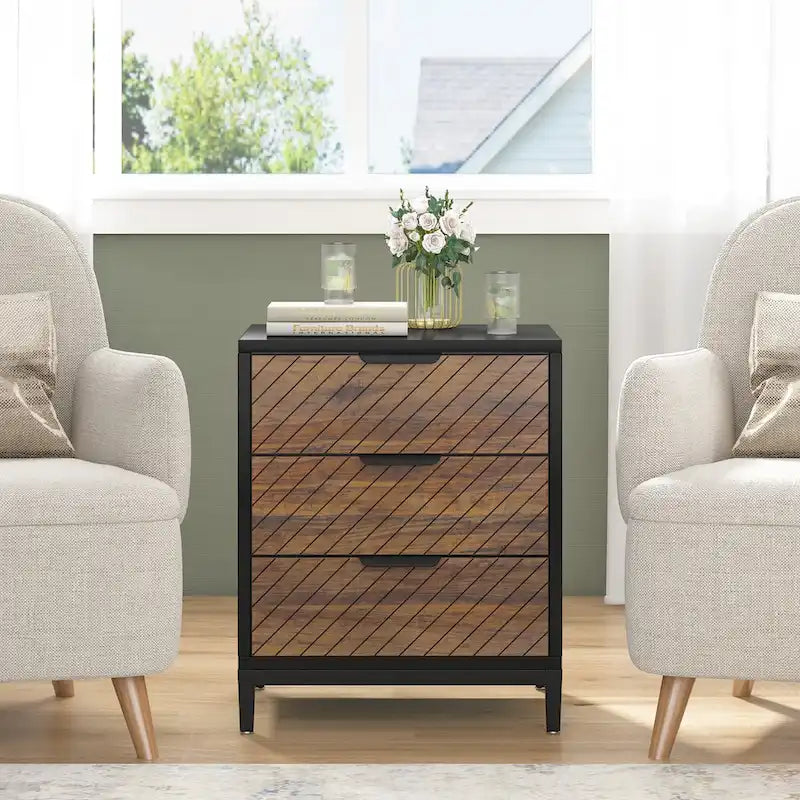 Table de chevet avec tiroirs, Table de chevet moderne à grain de bois pour chambres à coucher