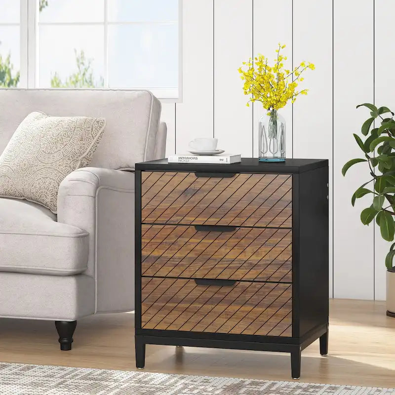 Table de chevet avec tiroirs, Table de chevet moderne à grain de bois pour chambres à coucher