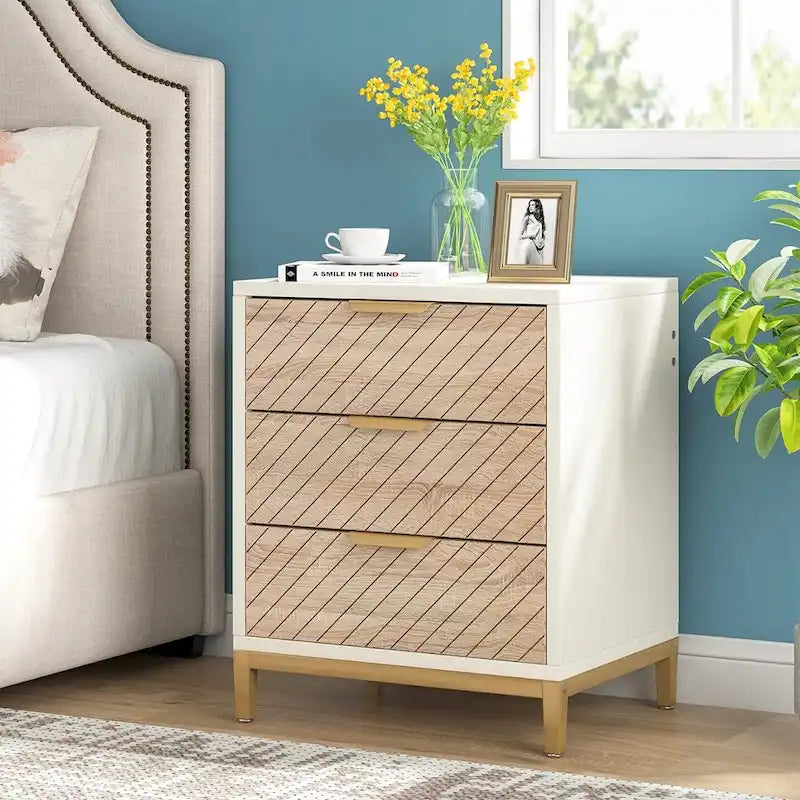 Table de chevet avec tiroirs, Table de chevet moderne à grain de bois pour chambres à coucher