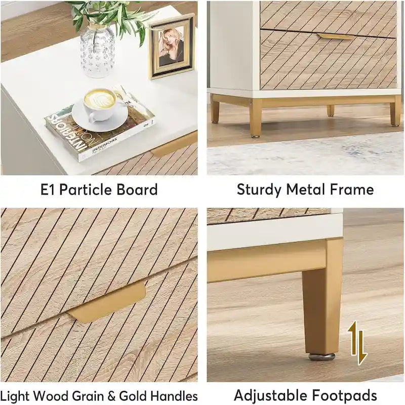 Table de chevet avec tiroirs, Table de chevet moderne à grain de bois pour chambres à coucher