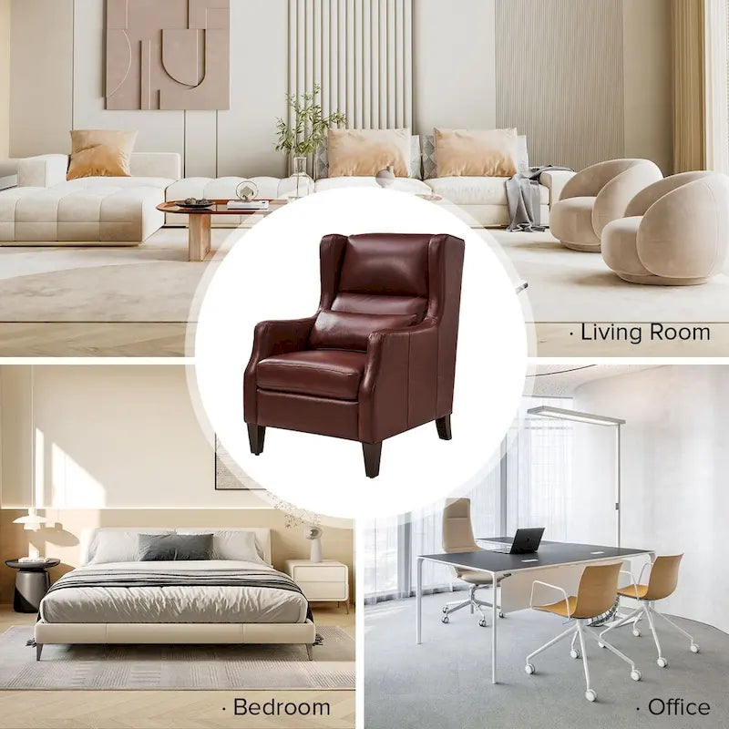 Fauteuil à oreilles en cuir véritable avec coussin