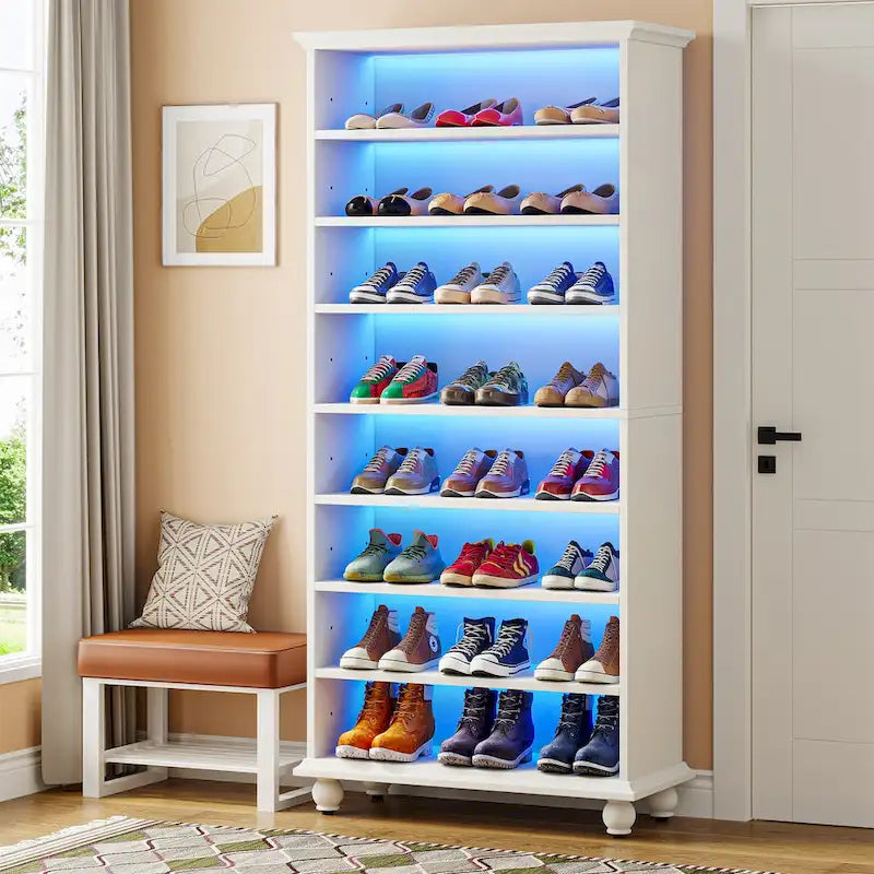 Meuble à chaussures haut et étroit avec éclairage LED, meuble de rangement pour 30 paires de chaussures à 9 niveaux, autoportant