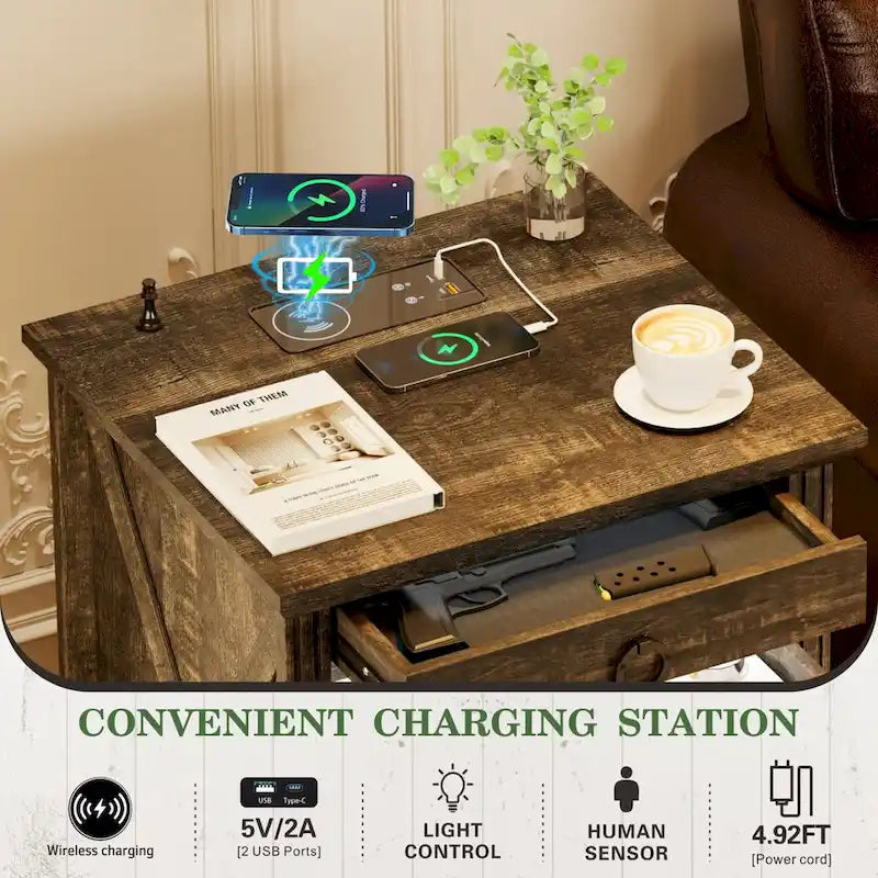 Table de chevet à 2 tiroirs avec éclairage LED, station de charge et tiroir secret pour arme