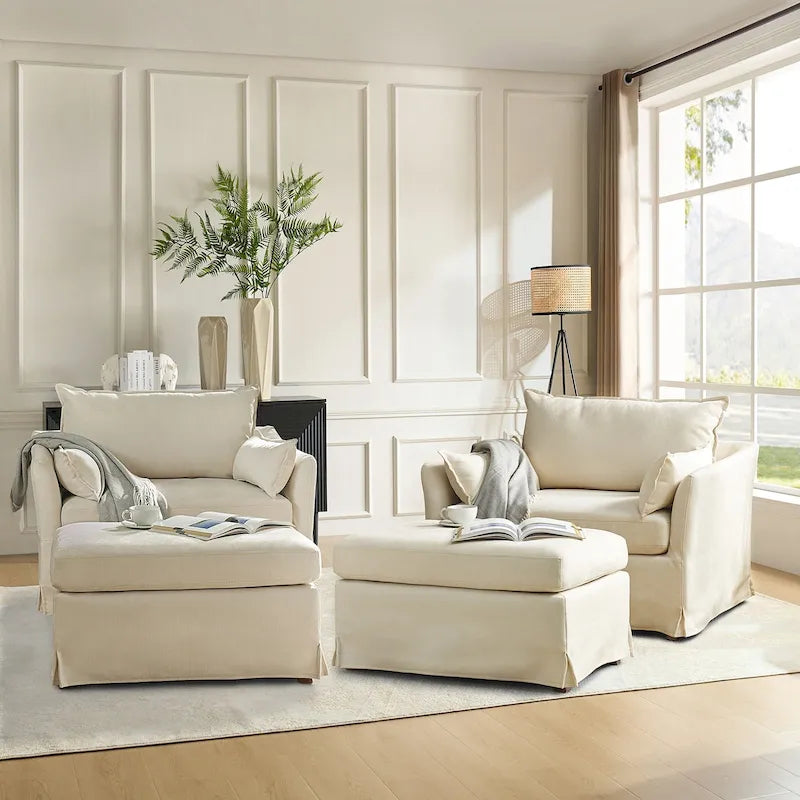 Fauteuil moderne surdimensionné déhoussable avec pouf et roues arrière verrouillables, ensemble de 2