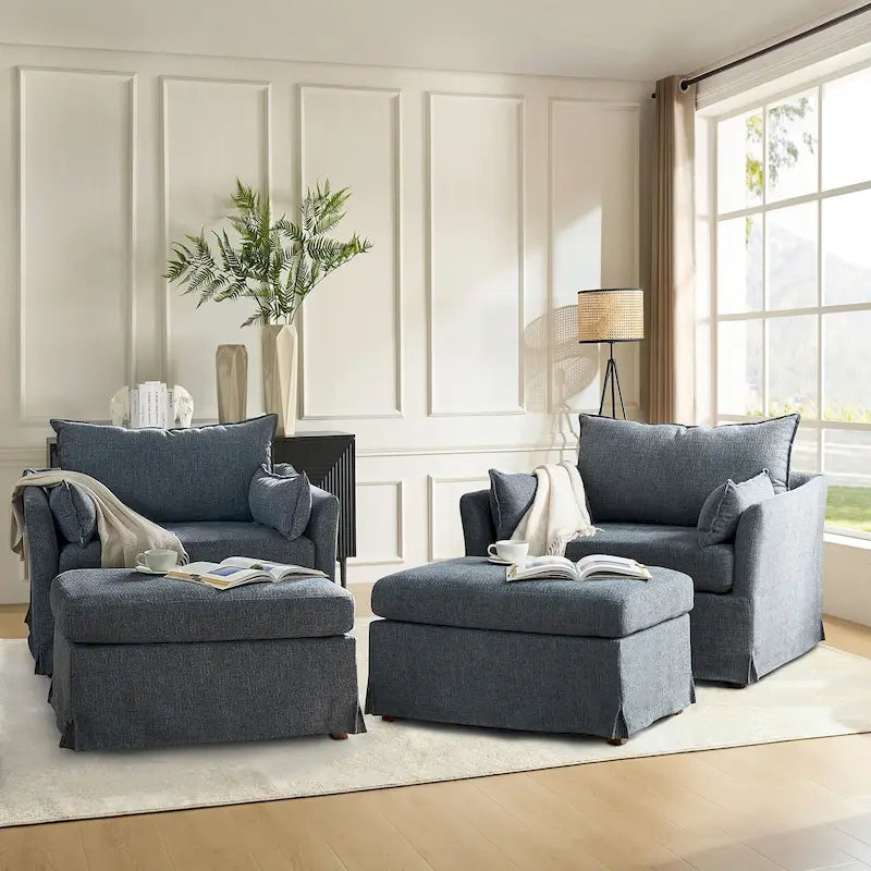 Fauteuil moderne surdimensionné déhoussable avec pouf et roues arrière verrouillables, ensemble de 2