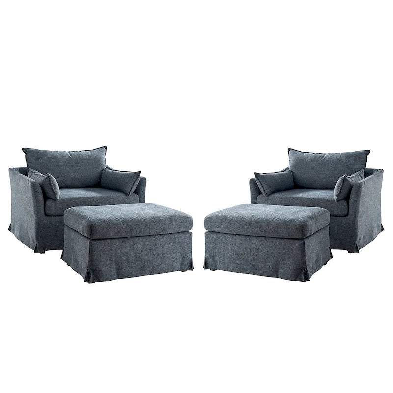 Fauteuil moderne surdimensionné déhoussable avec pouf et roues arrière verrouillables, ensemble de 2