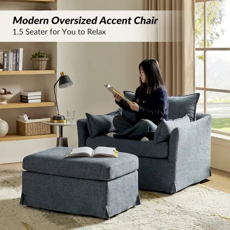 Fauteuil moderne surdimensionné déhoussable avec pouf et roues arrière verrouillables, ensemble de 2