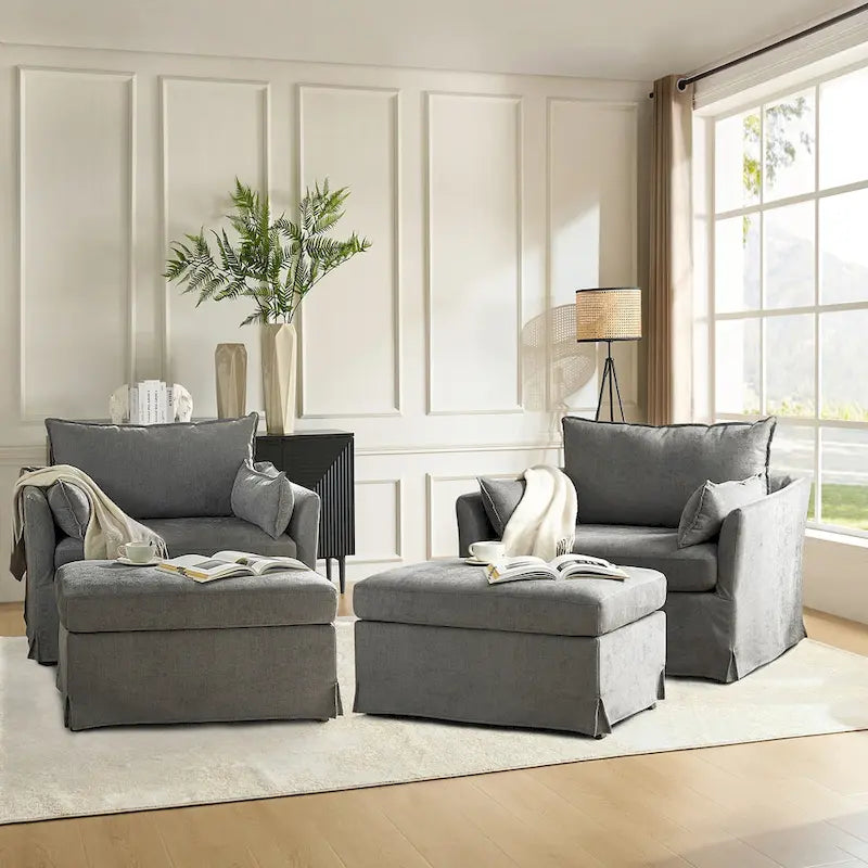 Fauteuil moderne surdimensionné déhoussable avec pouf et roues arrière verrouillables, ensemble de 2