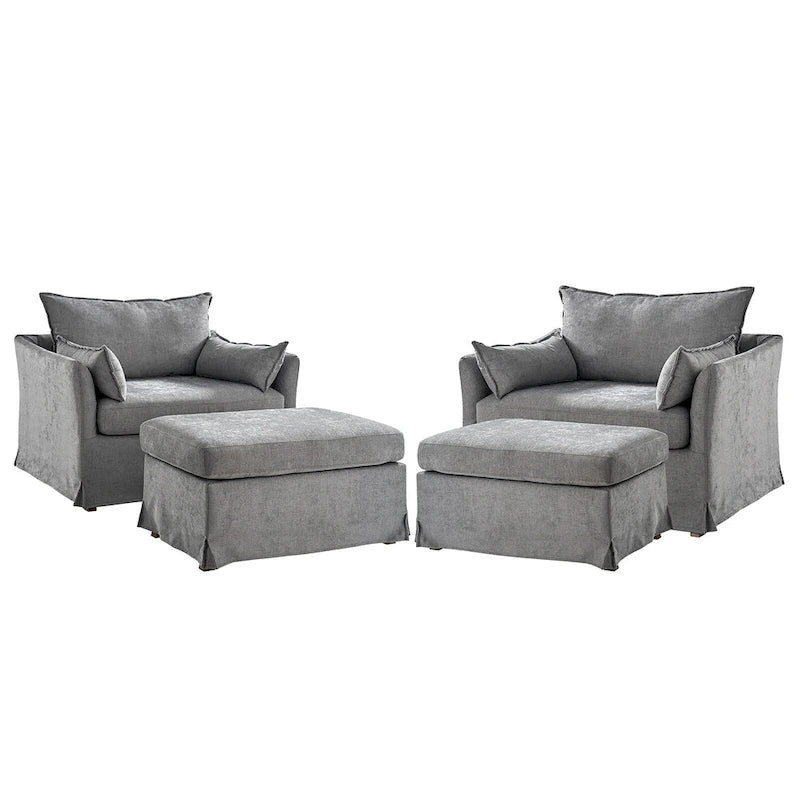 Fauteuil moderne surdimensionné déhoussable avec pouf et roues arrière verrouillables, ensemble de 2