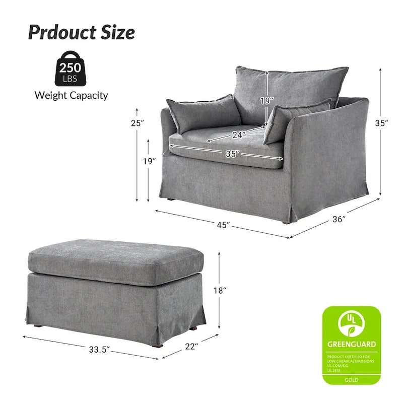 Fauteuil moderne surdimensionné déhoussable avec pouf et roues arrière verrouillables, ensemble de 2