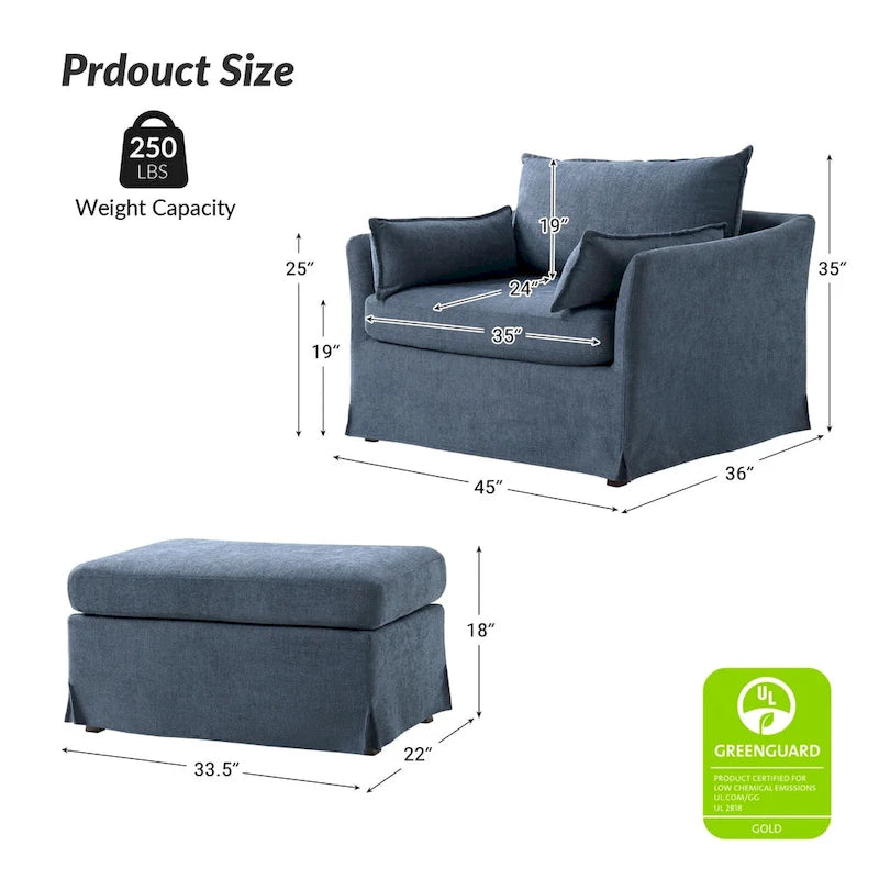 Fauteuil moderne surdimensionné déhoussable avec pouf et roues arrière verrouillables, ensemble de 2
