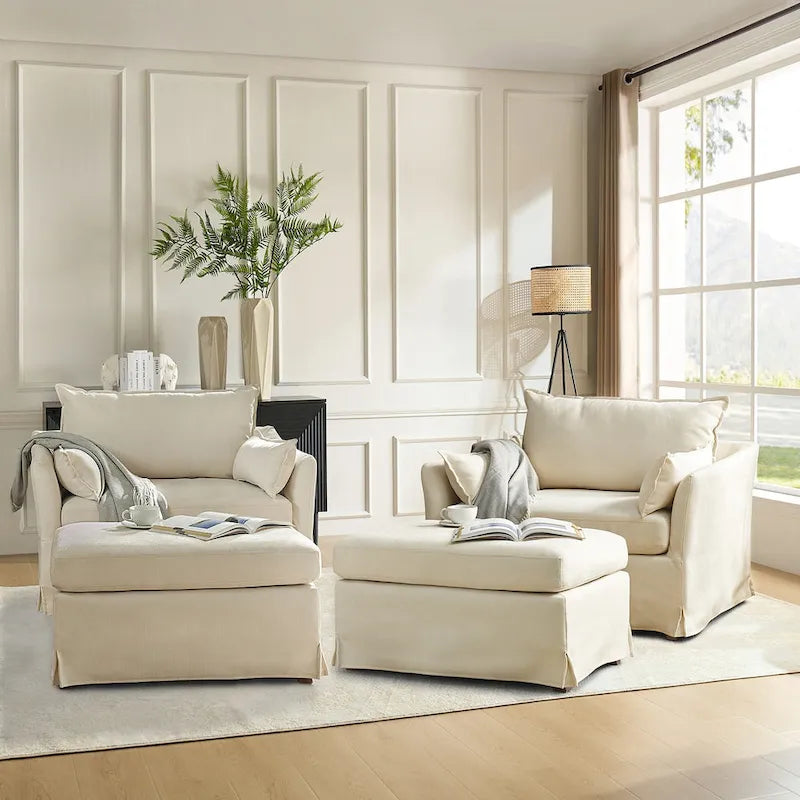 Fauteuil moderne surdimensionné déhoussable avec pouf et roues arrière verrouillables, ensemble de 2