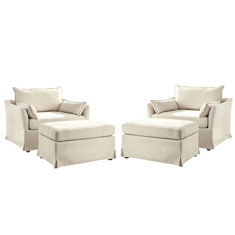 Fauteuil moderne surdimensionné déhoussable avec pouf et roues arrière verrouillables, ensemble de 2