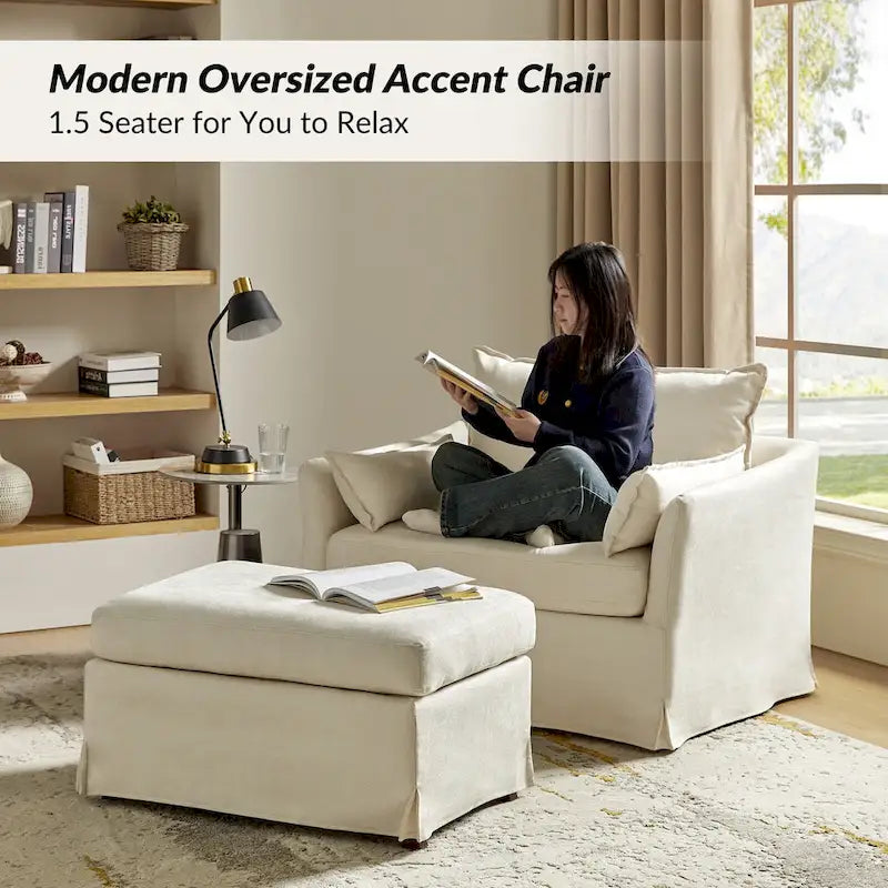 Fauteuil moderne surdimensionné déhoussable avec pouf et roues arrière verrouillables, ensemble de 2