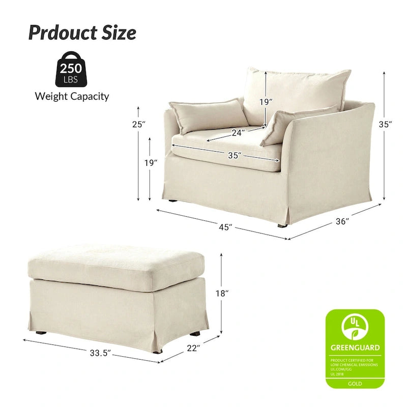 Fauteuil moderne surdimensionné déhoussable avec pouf et roues arrière verrouillables, ensemble de 2