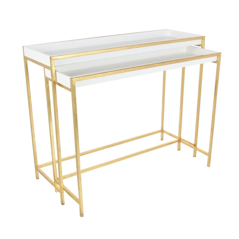 Wood Geometric Nesting Console Table with Gold Metal Legs - Set of 2 White - Roche River Decor