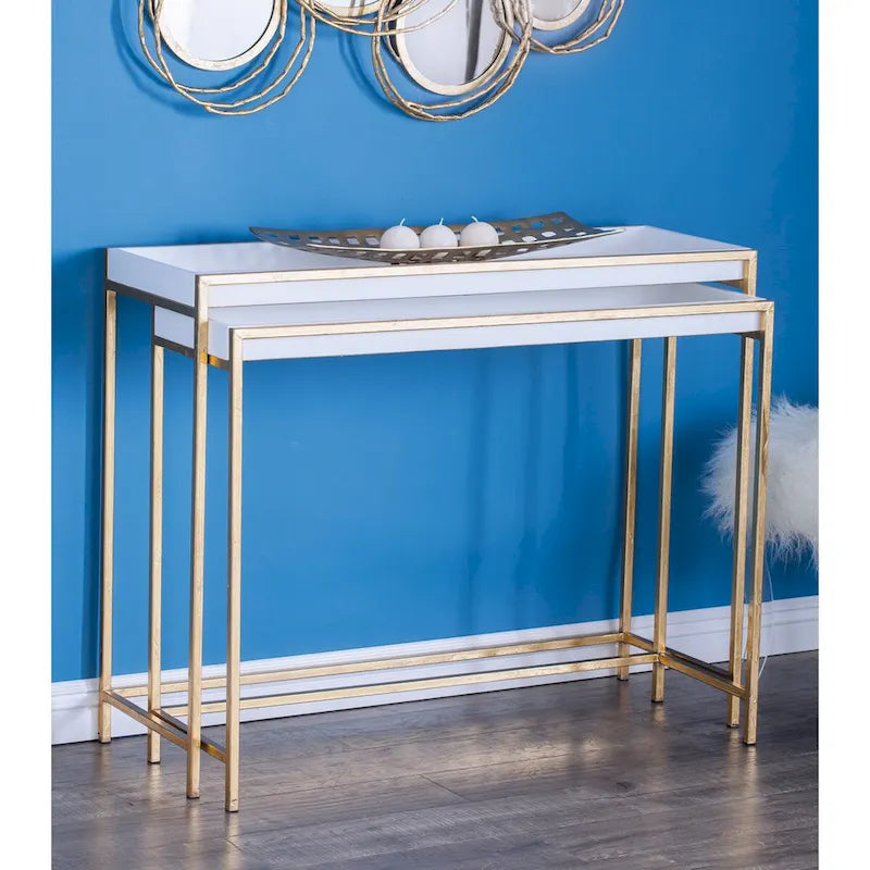 Tables gigognes géométriques en bois avec pieds en métal doré - Lot de 2 blanches